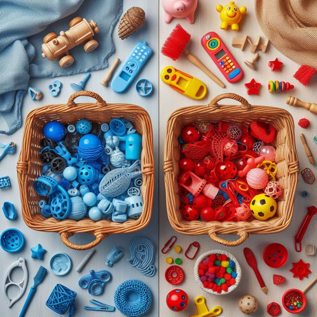 An image of two baskets  of blue and red colors with blue and red toys. It is one of the best DIY puzzles for children's color sorting and recognition skill.