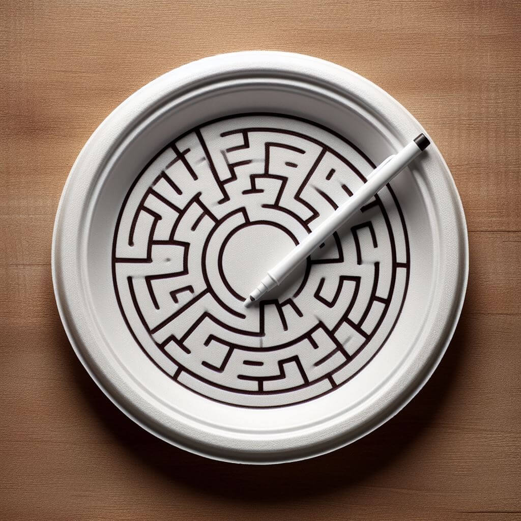 An image of a maze drawn on paper plate which is best diy puzzle for children's learning.