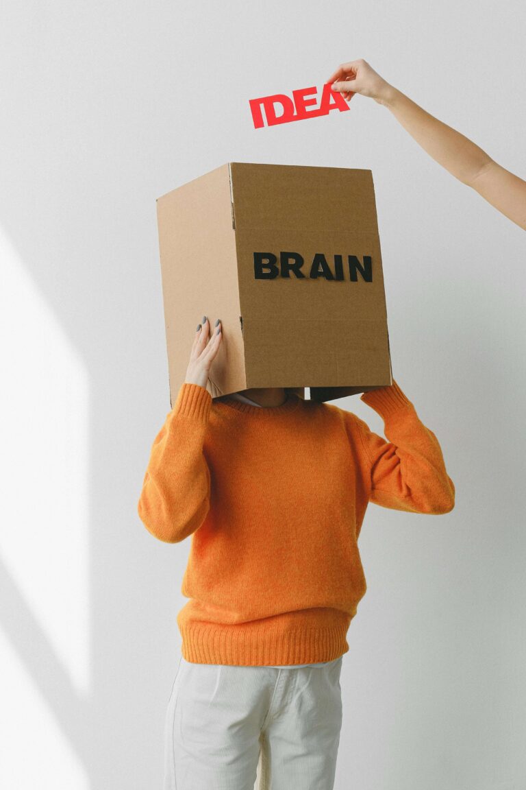 A child wearing a cardboard box on his head with the word "brain" written on it, symbolizing imaginative play and the exploration of brain teasers in a fun and creative way for children.