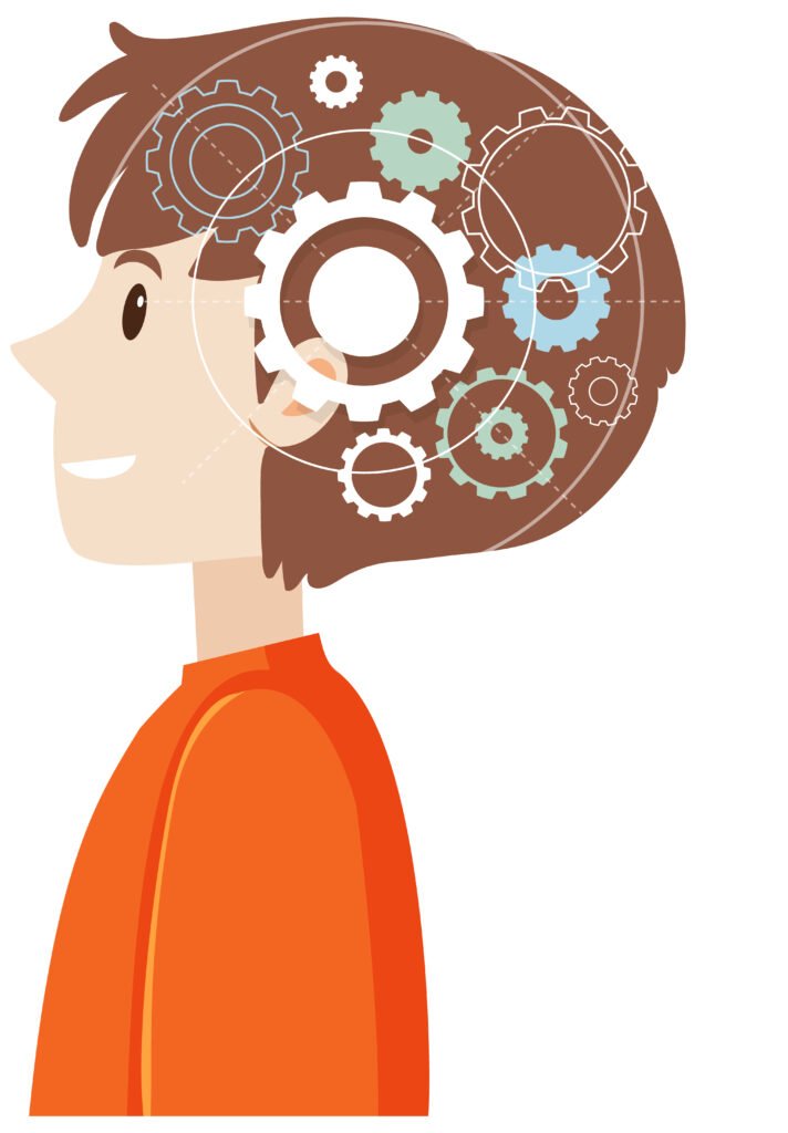 An illustration depicting gears inside a child's brain representing the synchronization of different brain regions working together. This visual metaphor emphasizes the concept of whole-brain engagement.