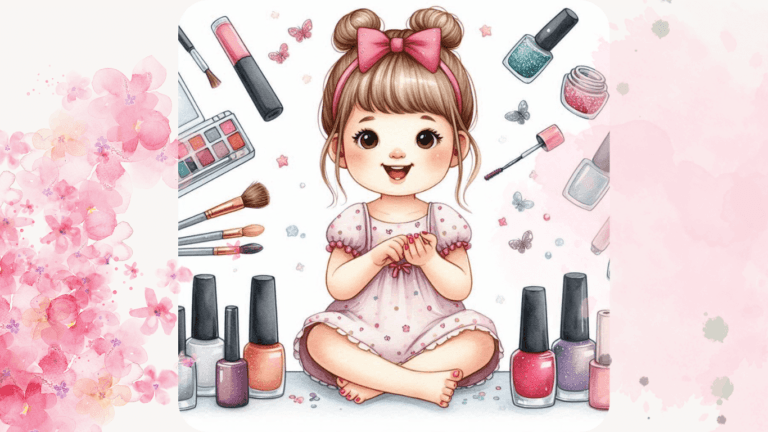 An illustration of a little girl who is surrounded with the nail art accessories. It seems that she likes her gift alot.