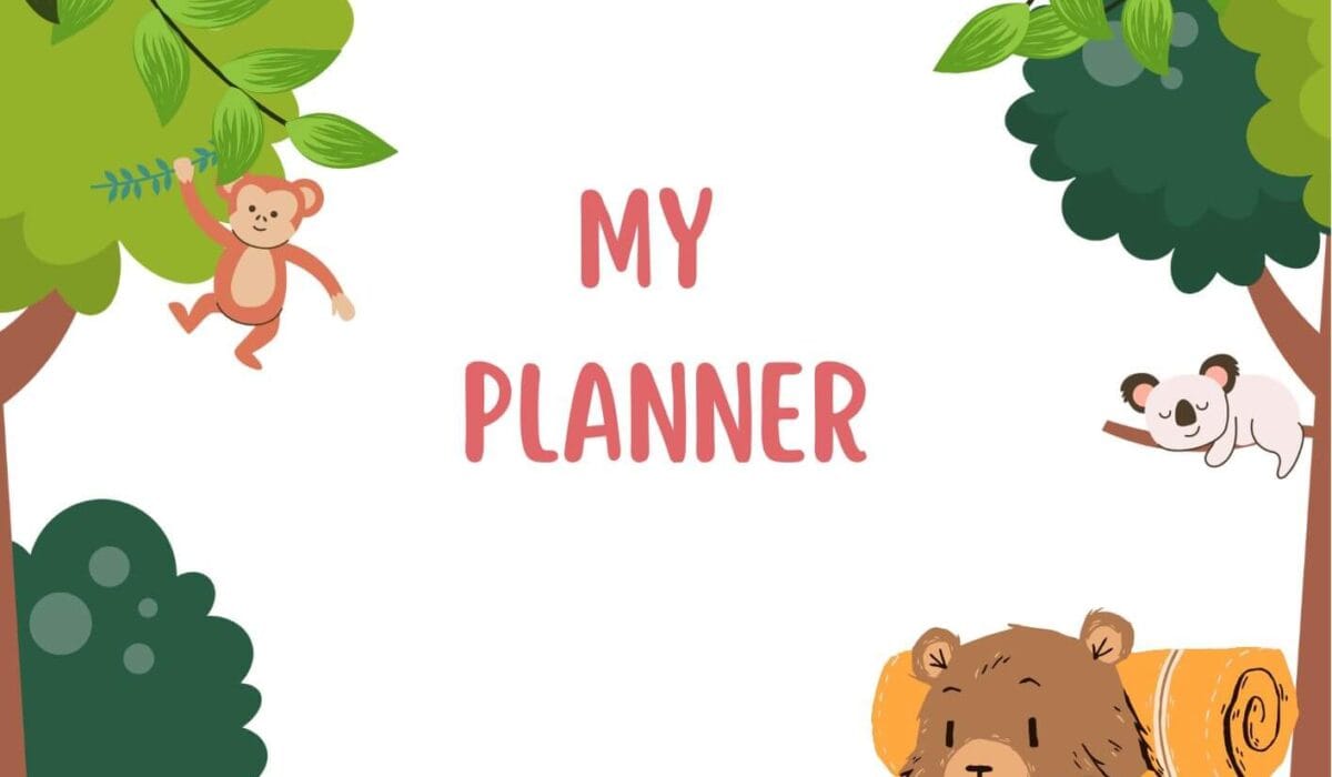 An image of a weekly planner for kids with adventure theme. The cover image includes cute animal illustrations with map and trees in a jungle.