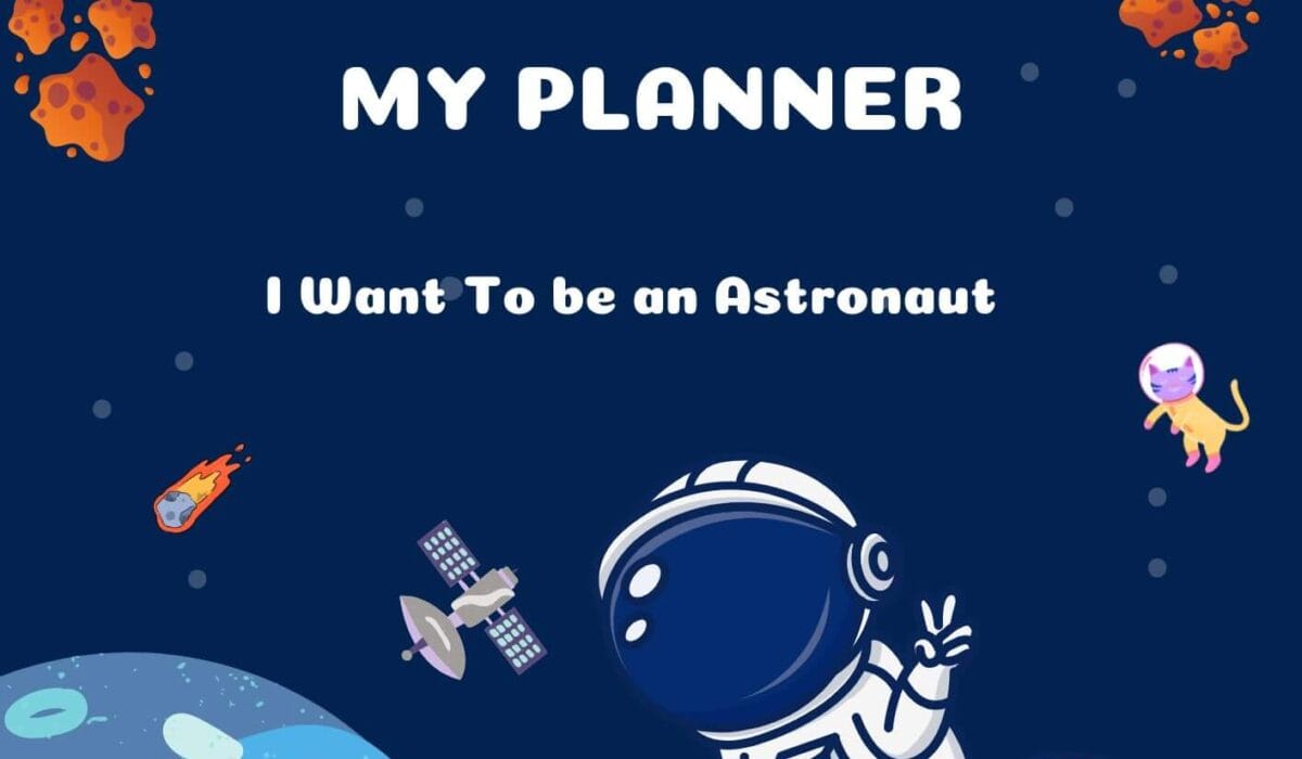 An image of a weekly planner cover page that includes cute illustrations of an astronaut, a rocket, planets, stars and space images.