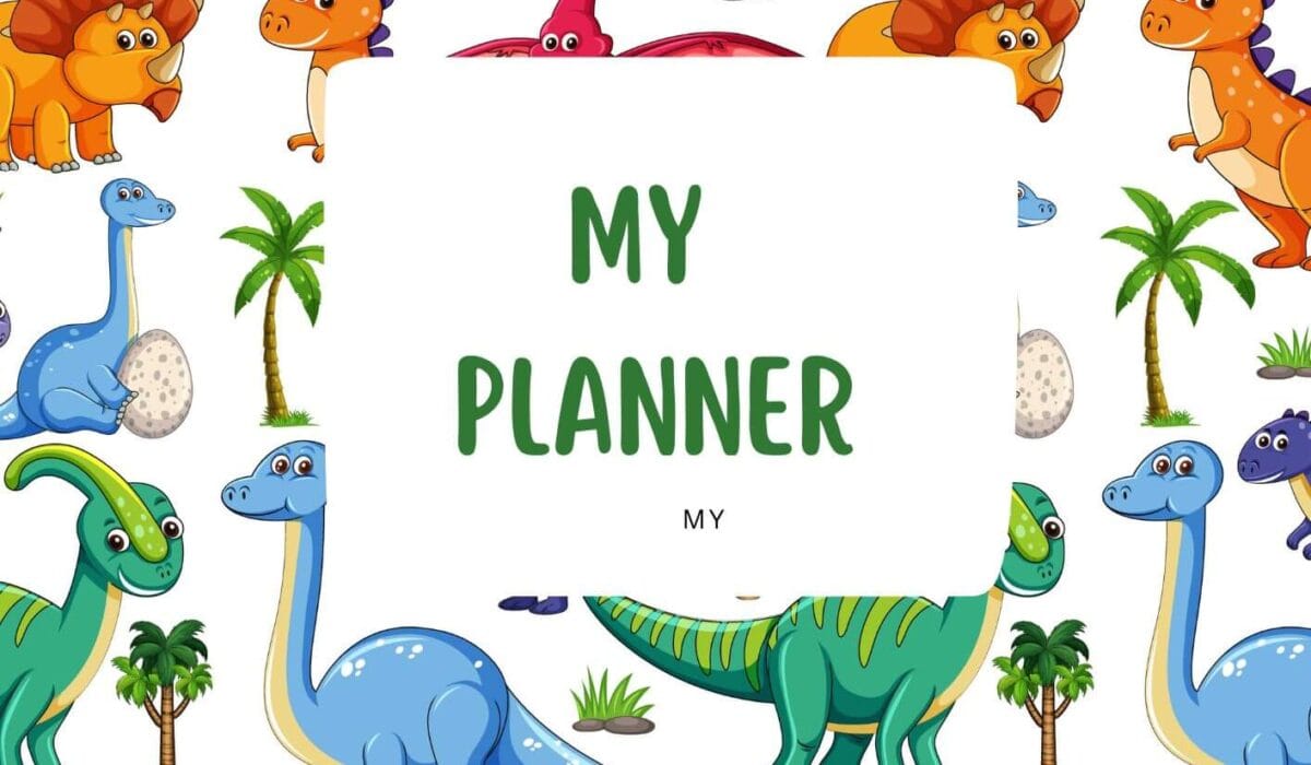 An image of a weekly planner dinosaur theme for kids. The cover shows cute illustrations of dinosaur.