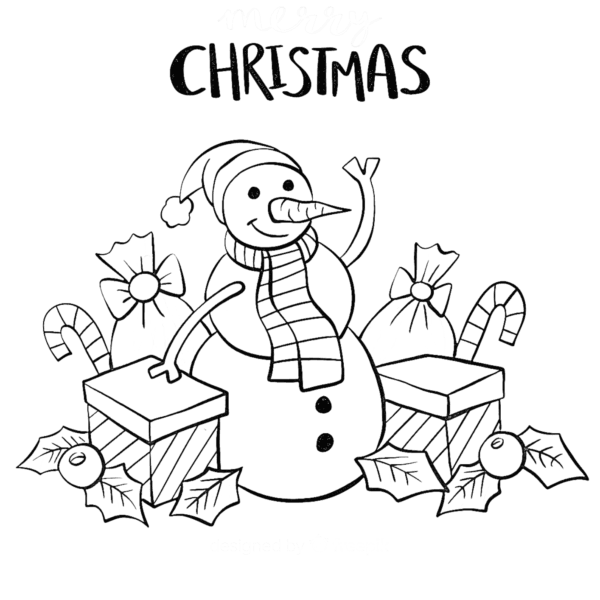 An image of a coloring page for Christmas/ xmas in which a snowman is drawn with Christmas gifts.