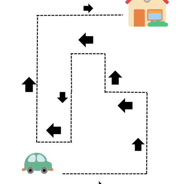 An image of a cutting worksheet for fine motor skills. In which a car and a dotted lines road to get it to home.